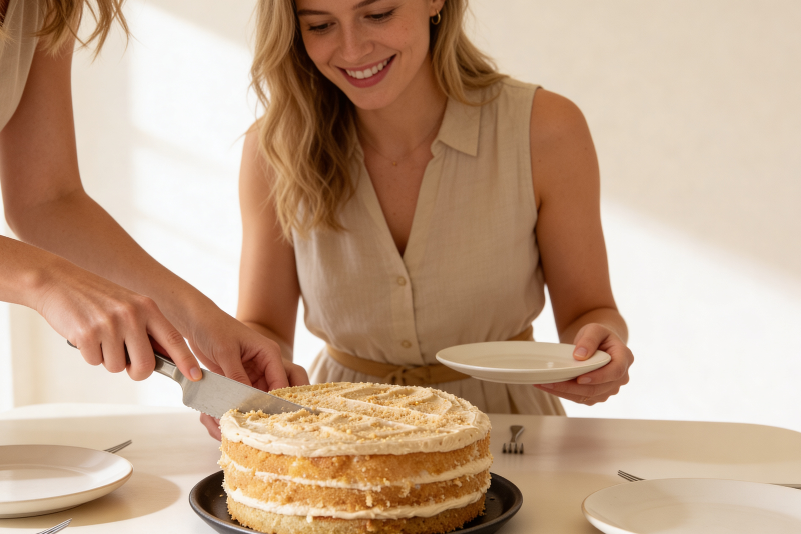 Slicing a freshly baked layer cake at the table
